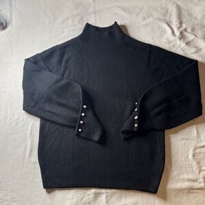 Women’s Elegant Black Turtleneck Sweater with Pearl Button Details Large